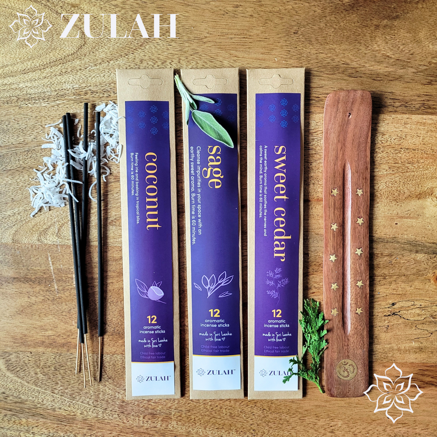 Sweet Cedar, Coconut, Sage Mini Incense Packs + FREE HOLDER