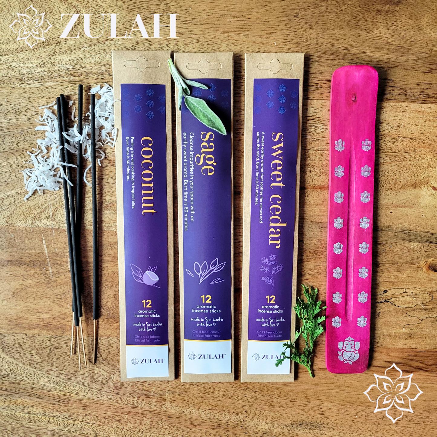 Sweet Cedar, Coconut, Sage Mini Incense Packs + FREE HOLDER