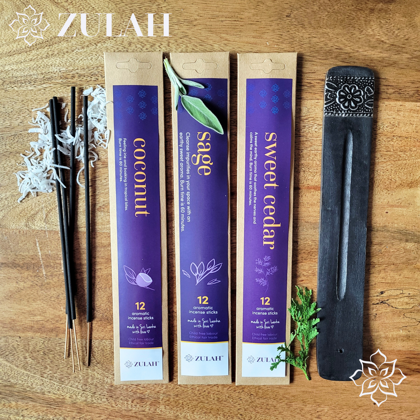 Sweet Cedar, Coconut, Sage Mini Incense Packs + FREE HOLDER