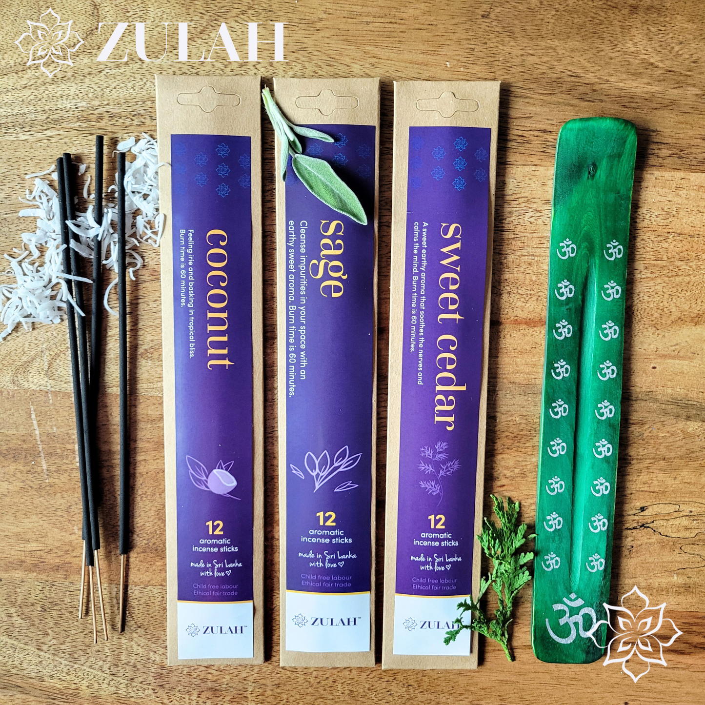 Sweet Cedar, Coconut, Sage Mini Incense Packs + FREE HOLDER